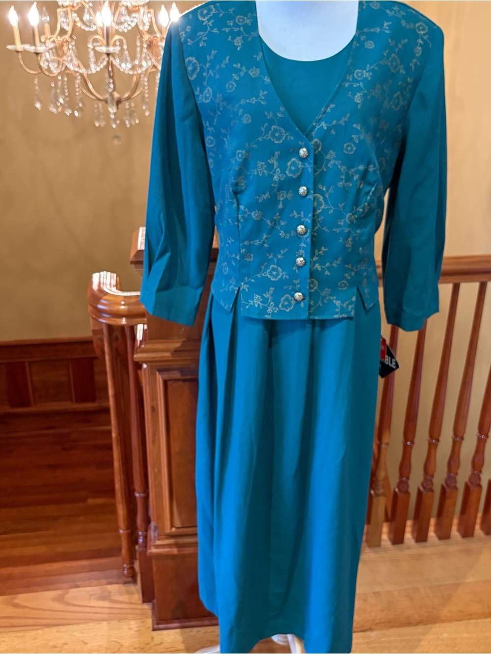 VTG 80s Miss Dorby Faux Vest Midi Dress Green Embroidered Gold Buttons Size 14W